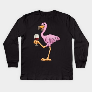 Beautiful flamingo is drinking a glass of wine Kids Long Sleeve T-Shirt